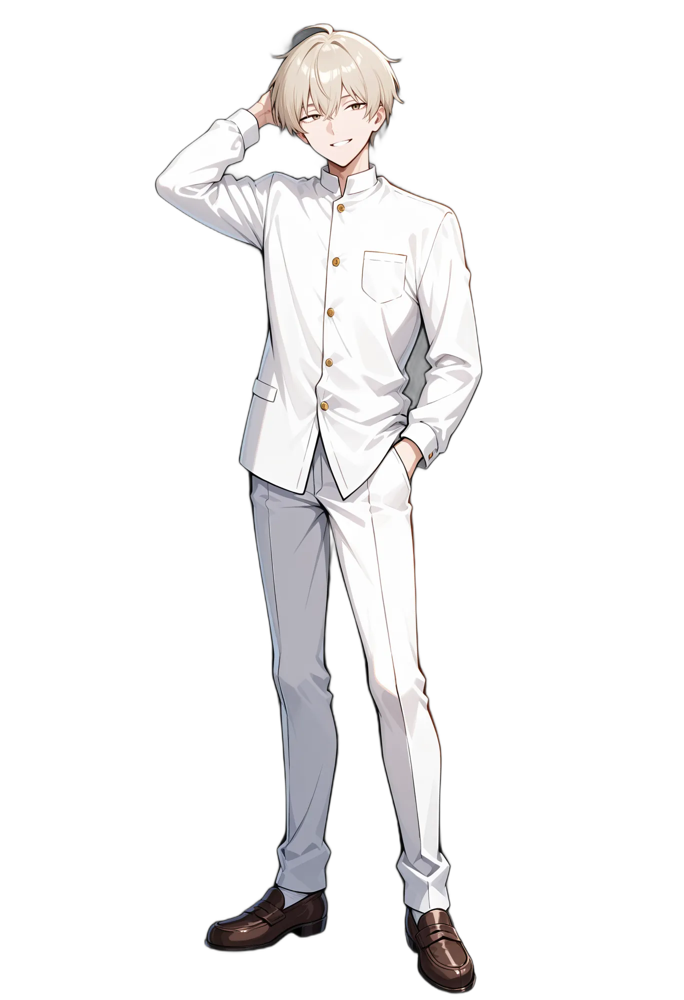 アニメイラスト-男子高校生-制服-笑顔-ショートヘア-ポケットに手-AI人物素材