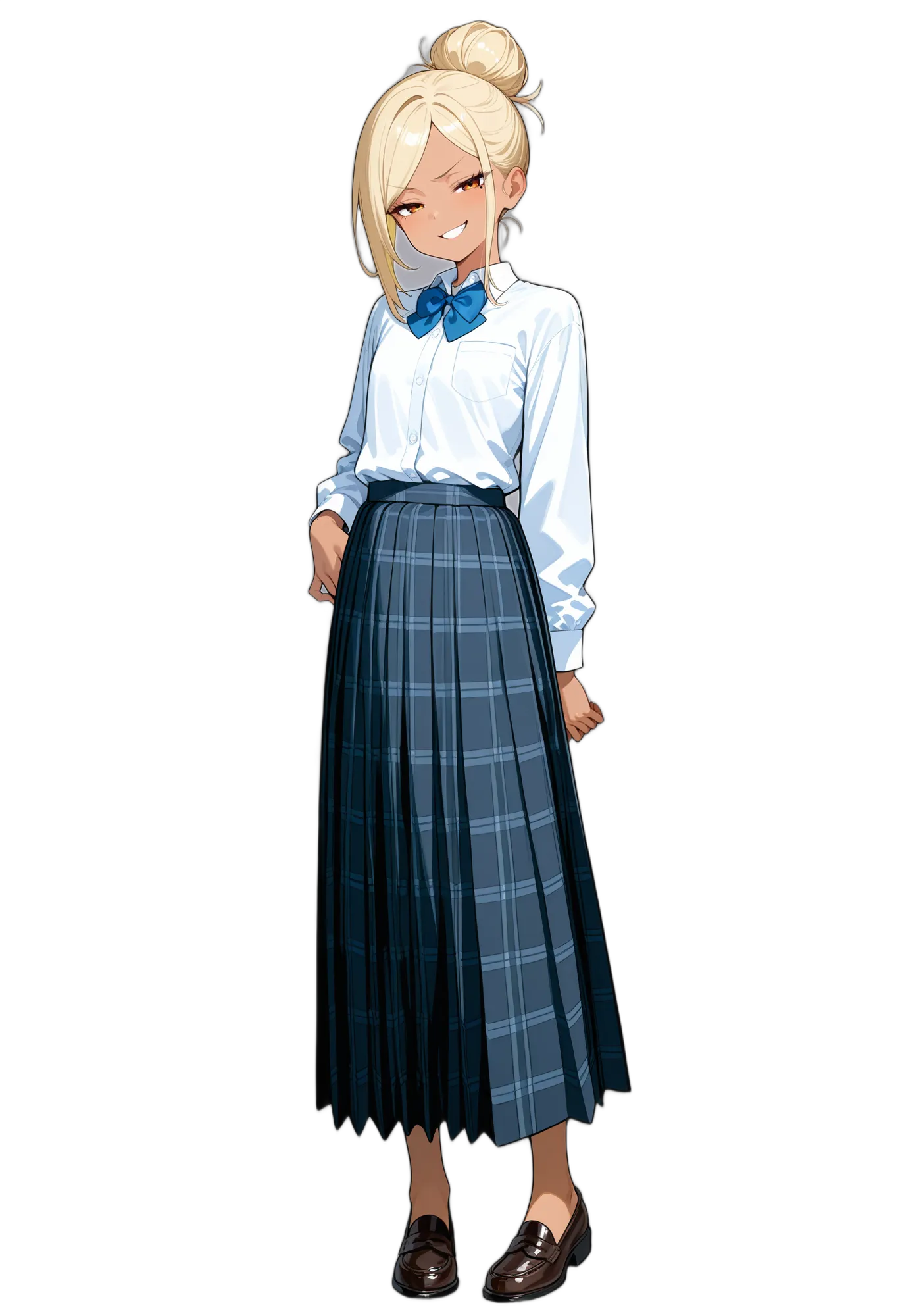 アニメイラスト-女子高校生-制服-褐色の肌-カッターシャツ-笑顔-AI人物素材