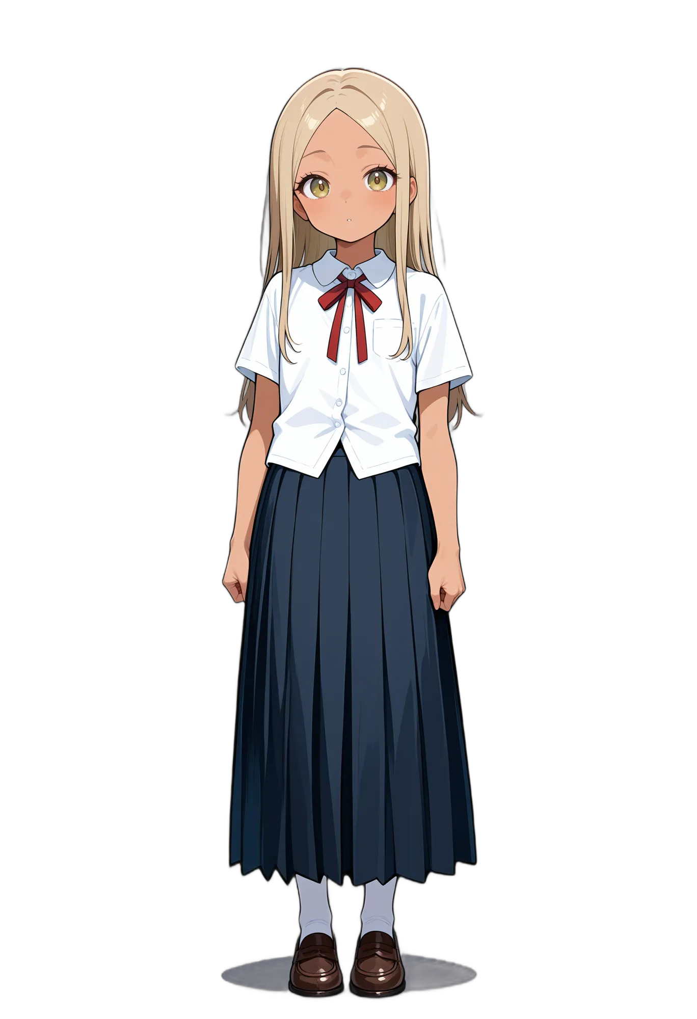 アニメイラスト-女子高校生-制服-リボン-褐色の肌-ローファー-AI人物素材
