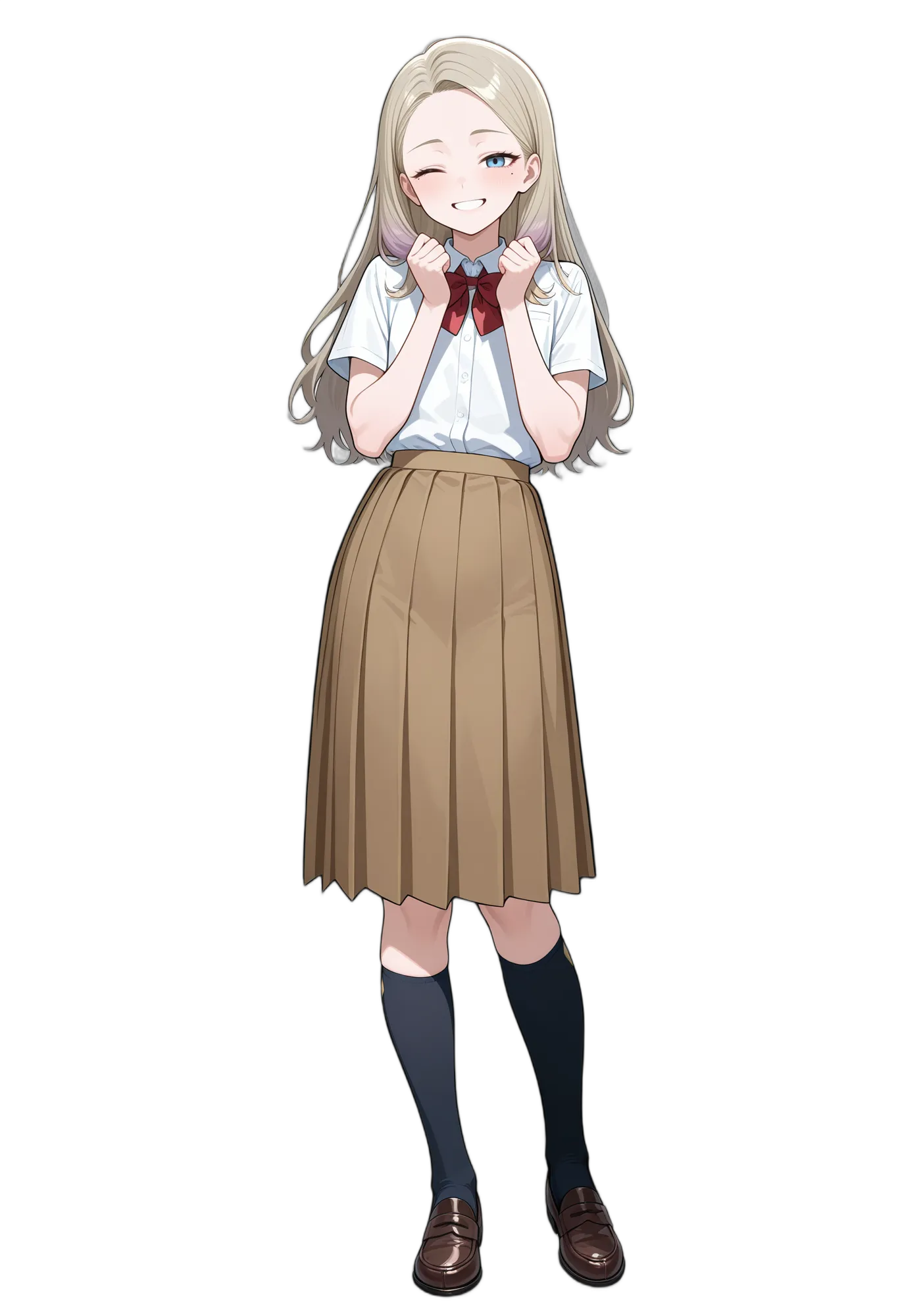 アニメイラスト-女子高校生-制服-靴下-プリーツスカート-笑顔-AI人物素材