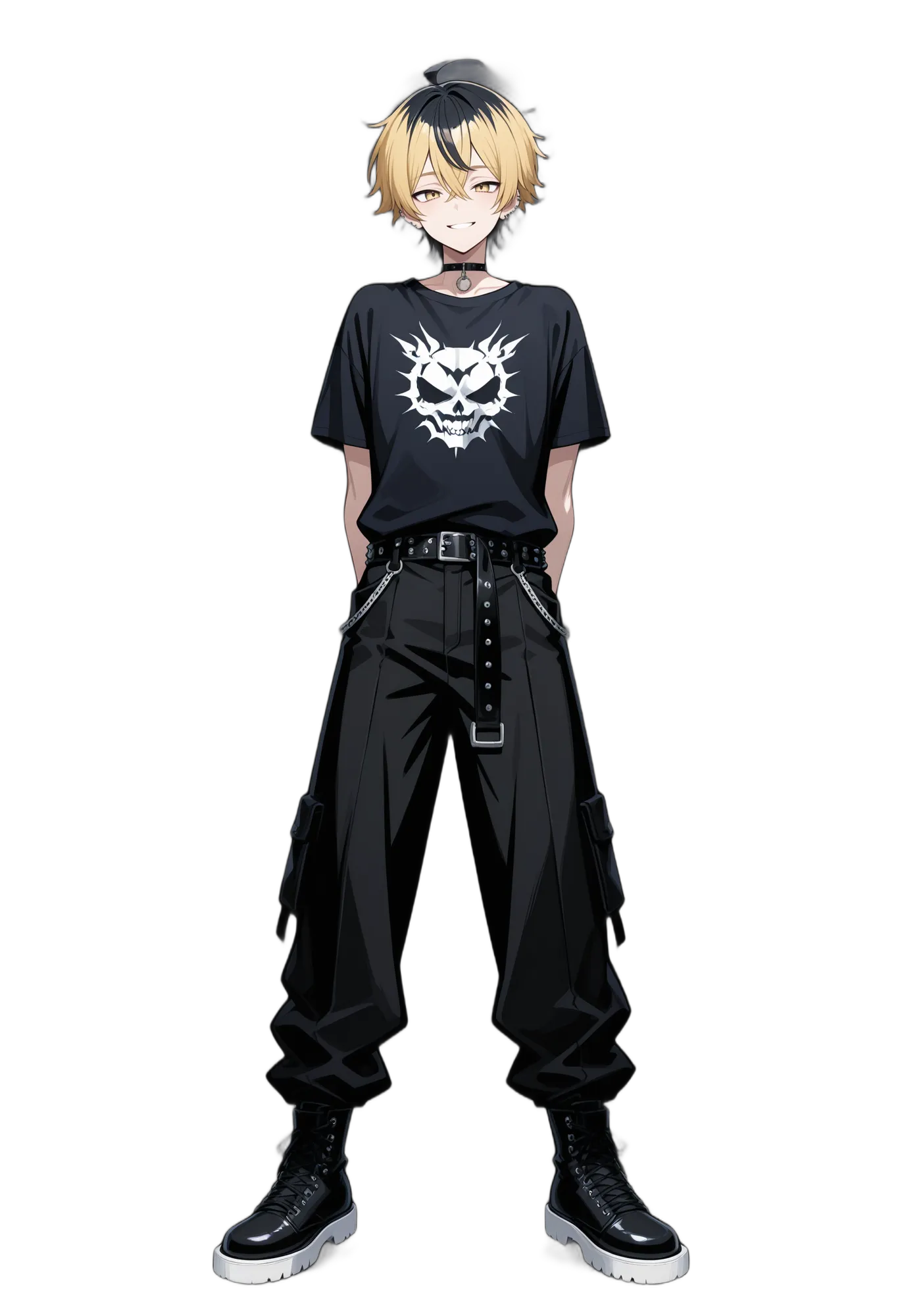 アニメイラスト-パンク-シャツ-イエローアイ-黒髪-男性-AI立ち絵素材