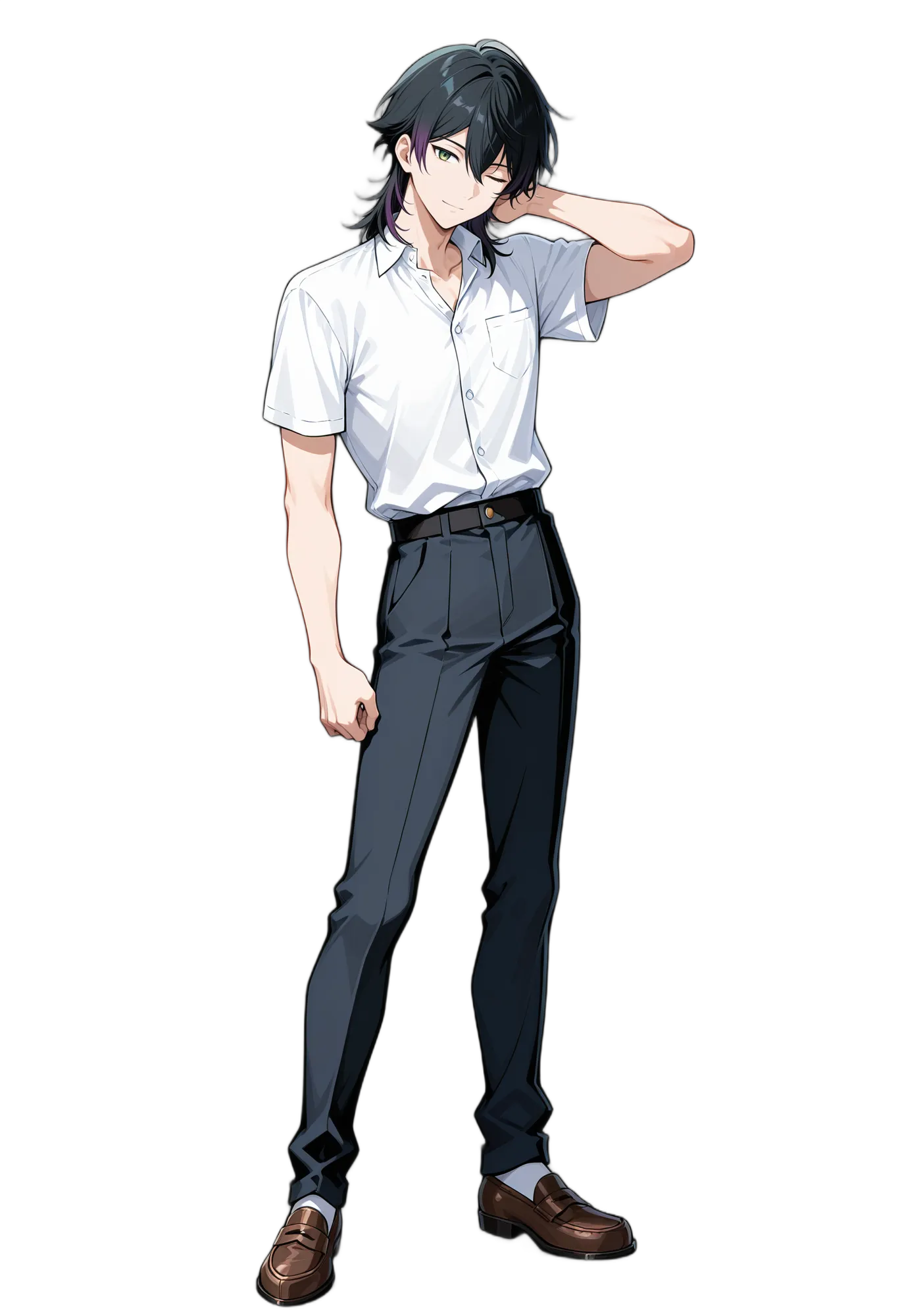 アニメイラスト-学生-シャツ-シャツイン-グリーンアイ-男性-AI人物素材