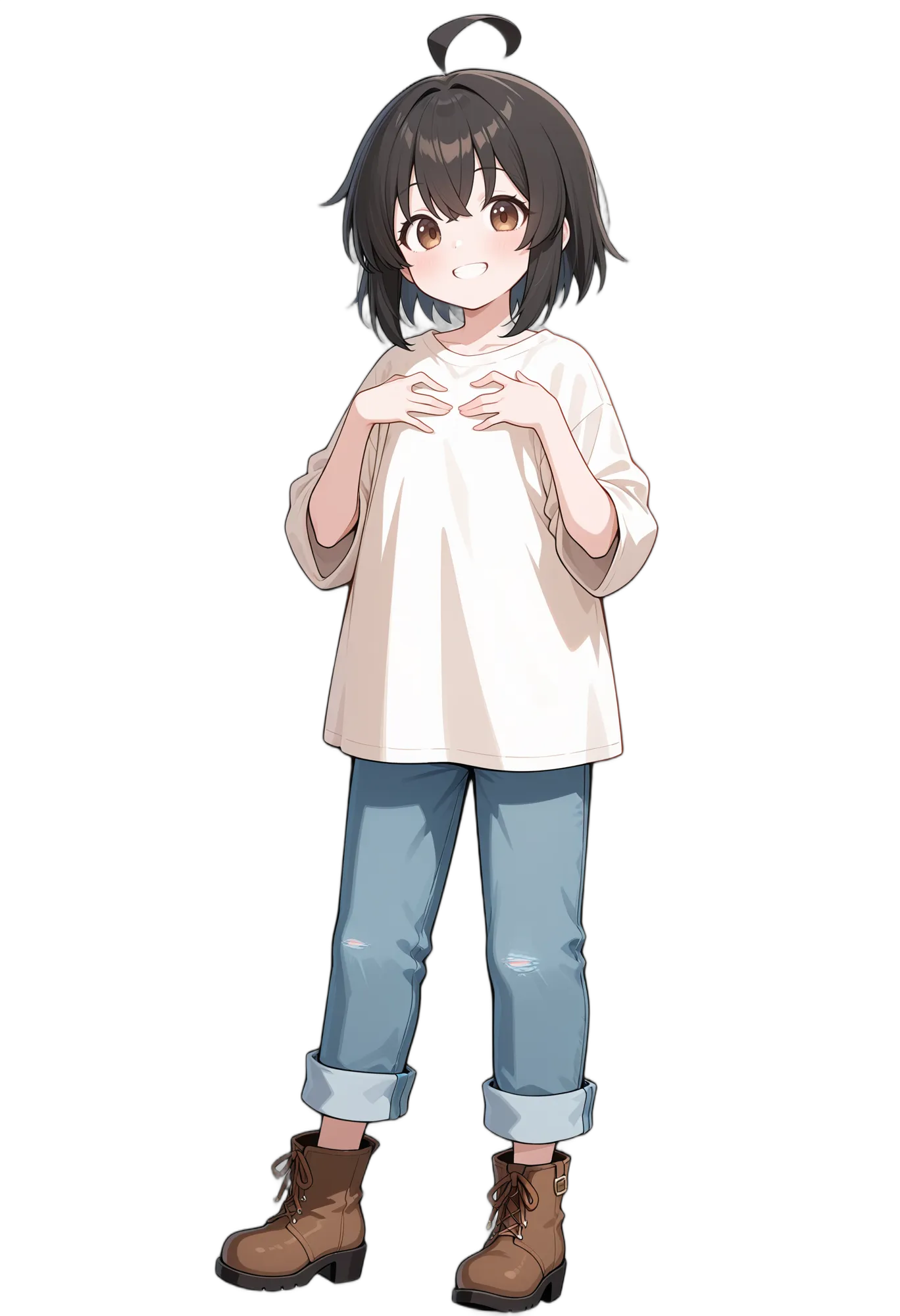アニメイラスト-カジュアル-シャツ-黒髪-笑顔-女性-AI人物素材