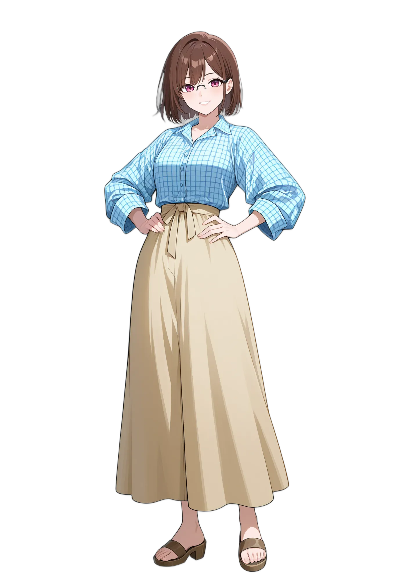アニメイラスト-私服-ショートヘア-ほくろ-笑顔-女性-AI人物素材