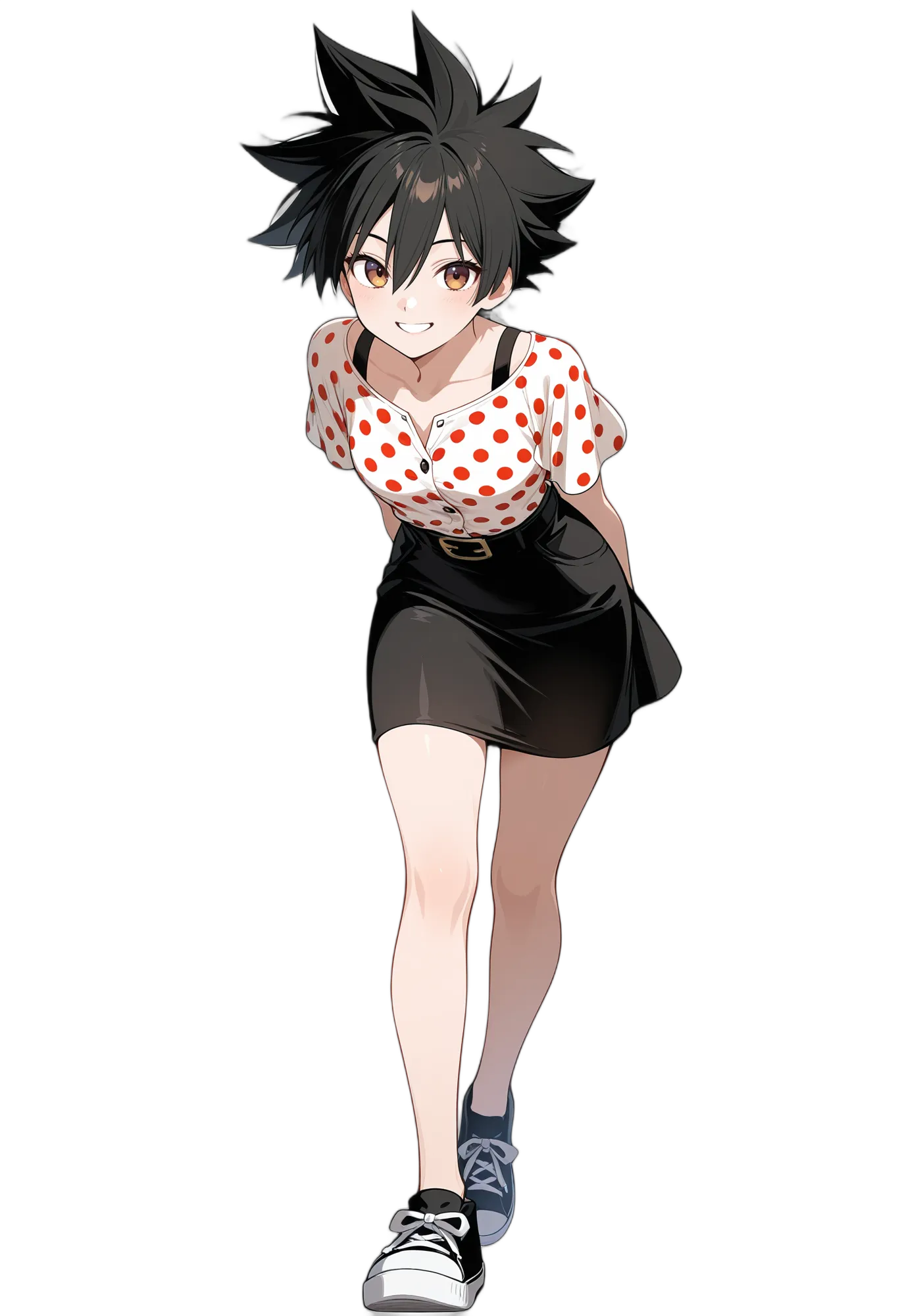 アニメイラスト-私服-ショートヘア-スニーカー-水玉模様-女性-AI人物素材