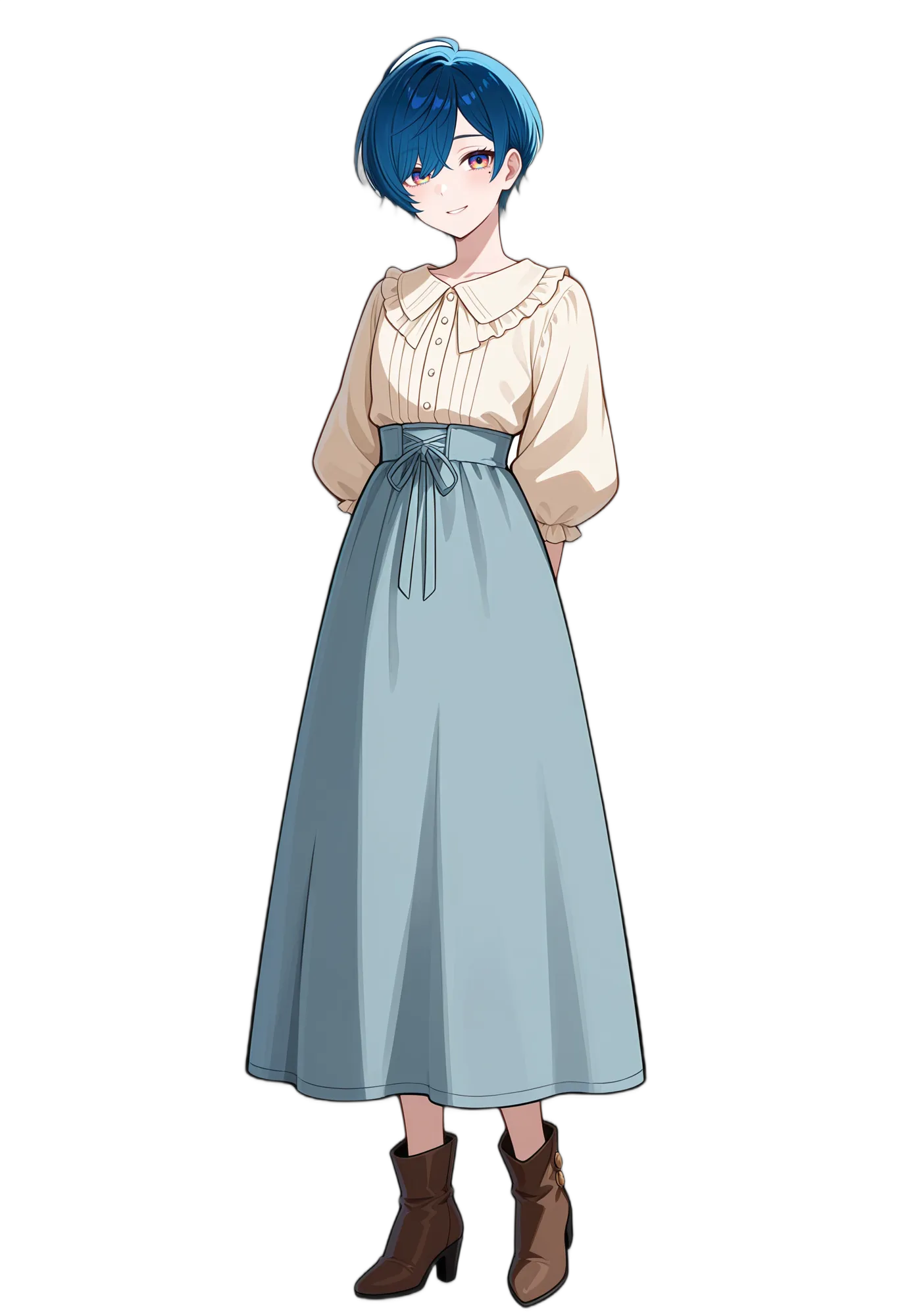 アニメイラスト-私服-ショートヘア-笑顔-スカート-女性-AI人物素材