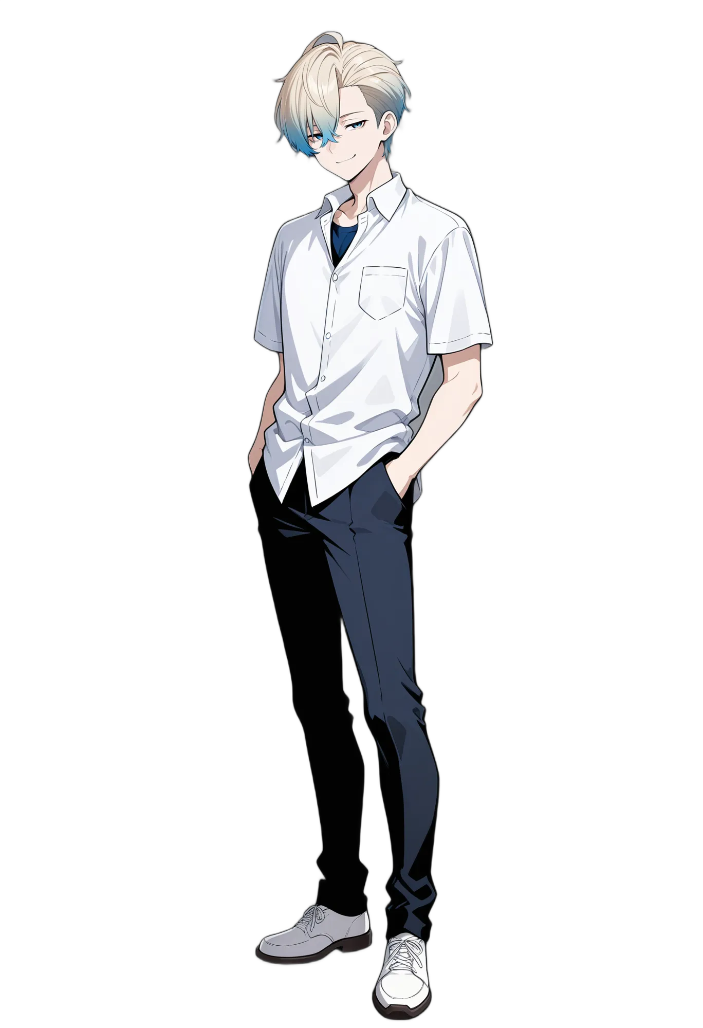 アニメイラスト-学生-半袖-スニーカー-ショートヘア-男性-AI人物素材