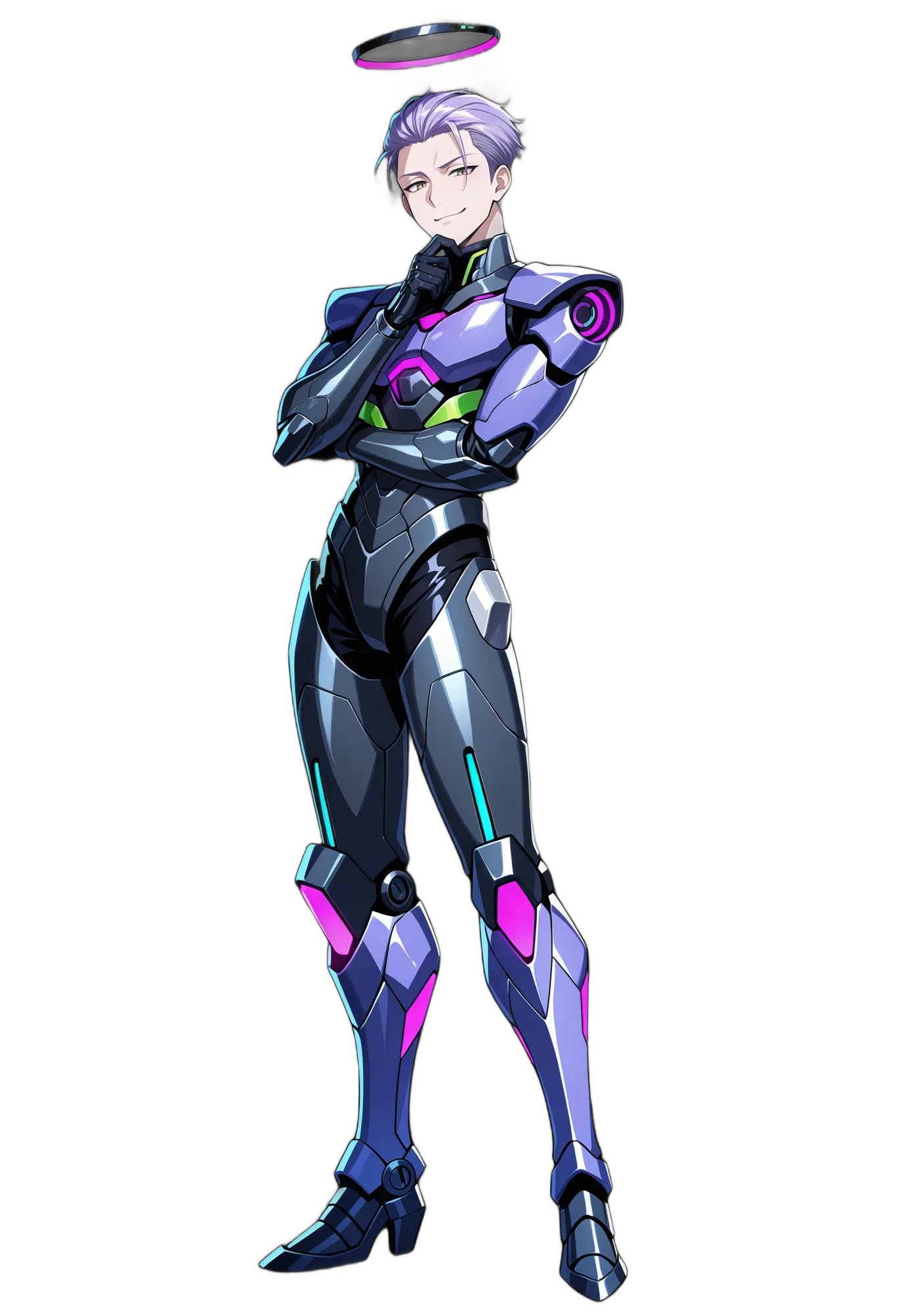 アニメイラスト-SF-笑顔-光輪-紫髪-男性-AI人物素材