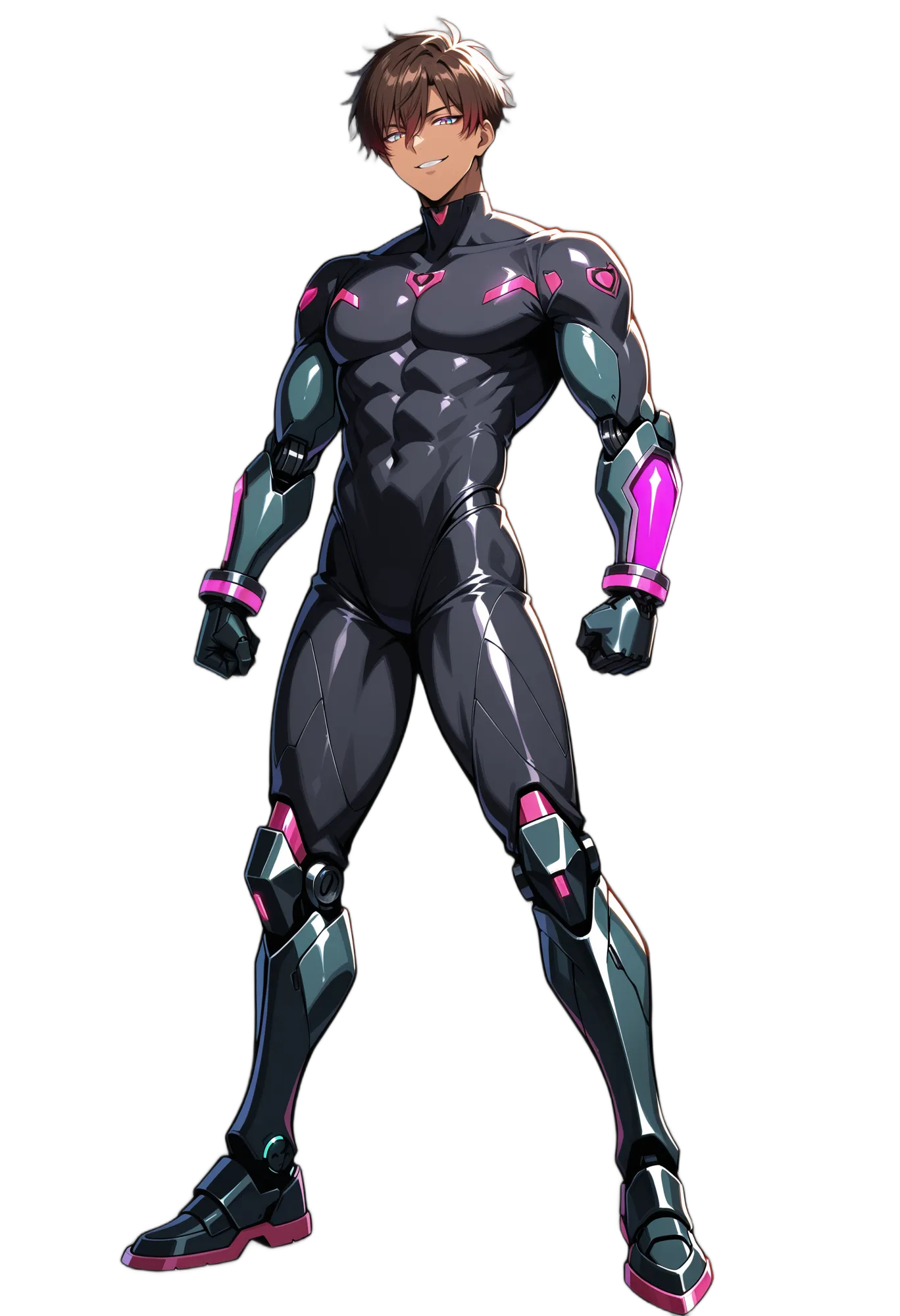 アニメイラスト-SF-笑顔-ボディスーツ-茶髪-男性-AI人物素材
