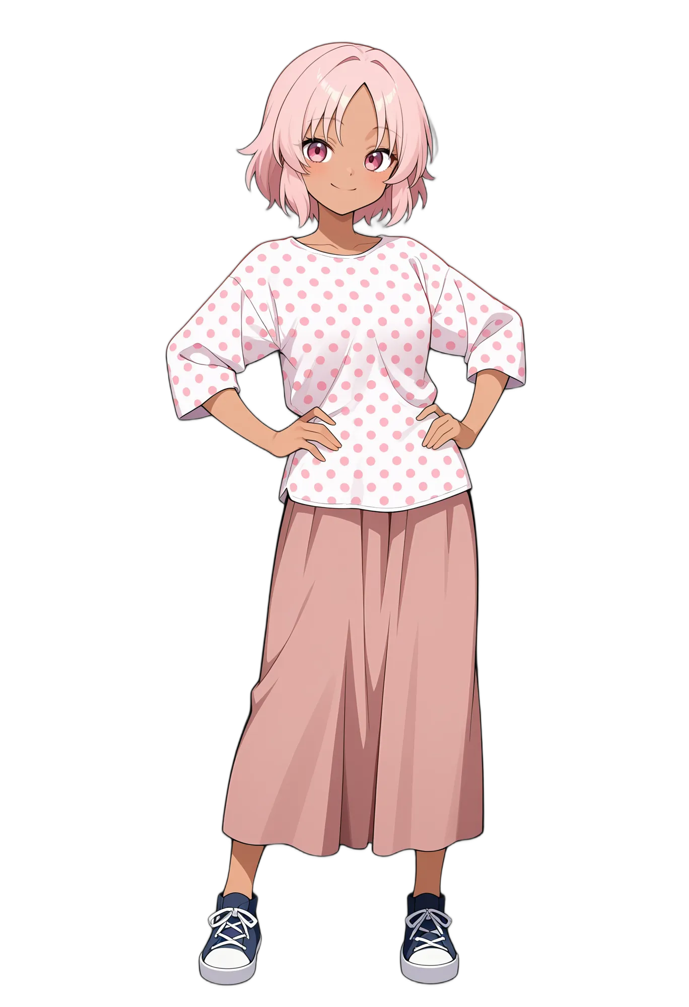 アニメイラスト-私服-笑顔-長袖-ピンク髪-女性-AI人物素材