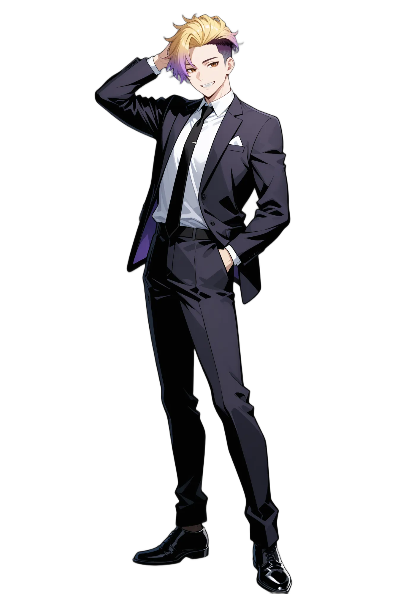 アニメイラスト-社会人-スーツ-ポケットに手-シャツ-男性-AI人物素材