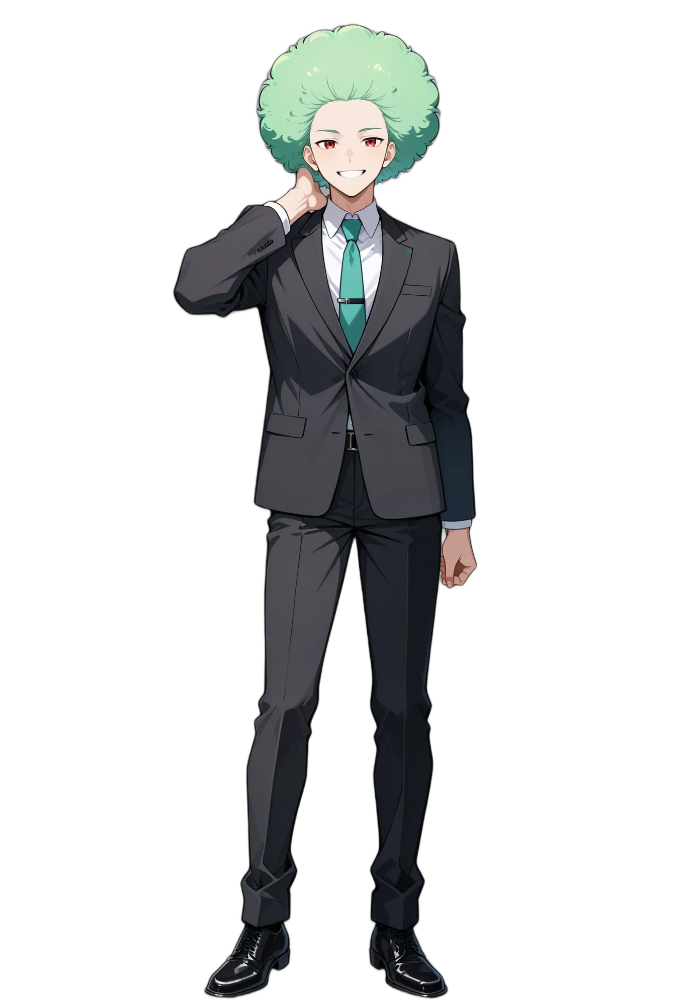 アニメイラスト-サラリーマン-スーツ-緑髪-ジャケット-男性-AI人物素材