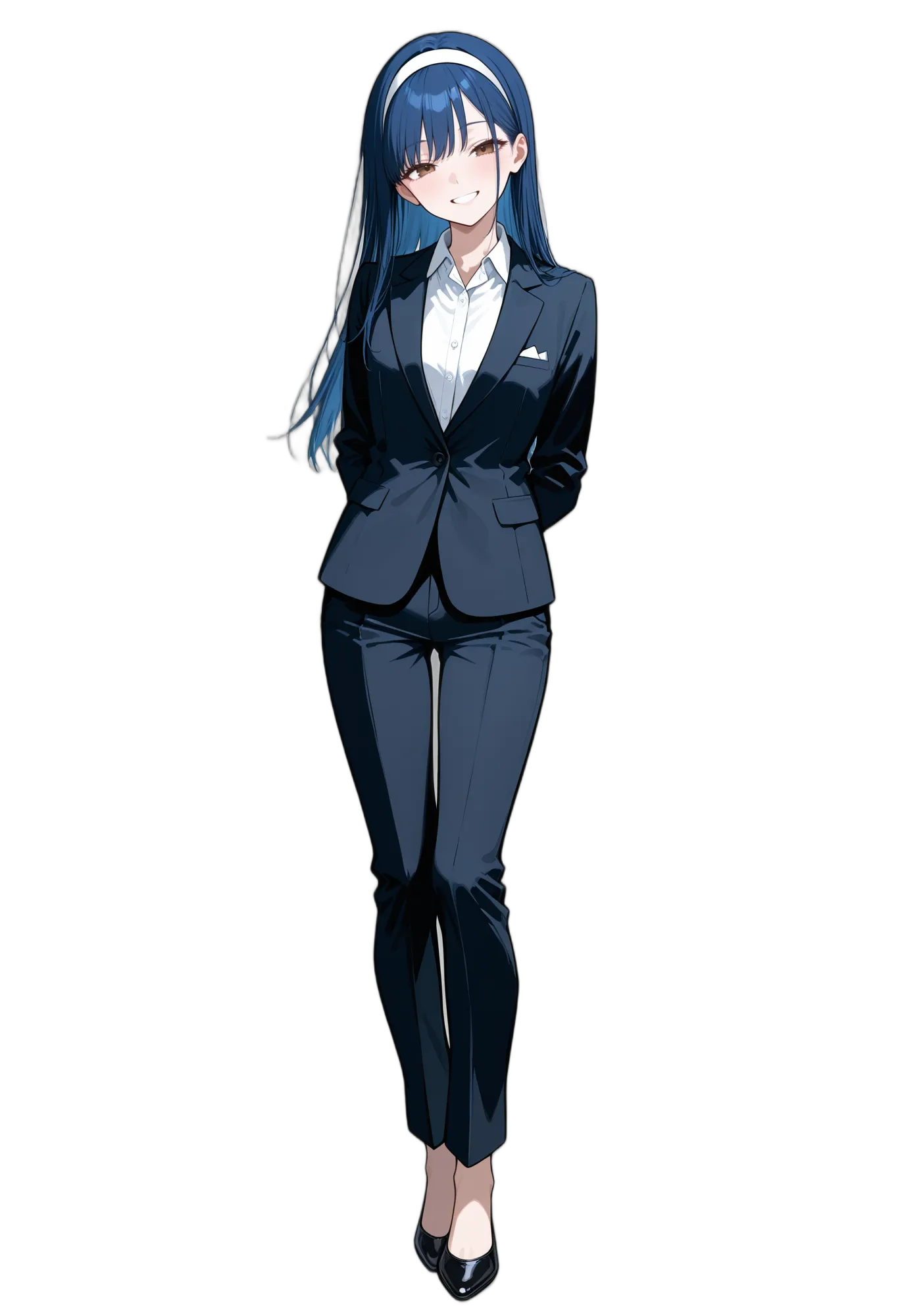 アニメイラスト-OL-スーツ-ワイシャツ-ズボン-ロングヘア-AI人物素材