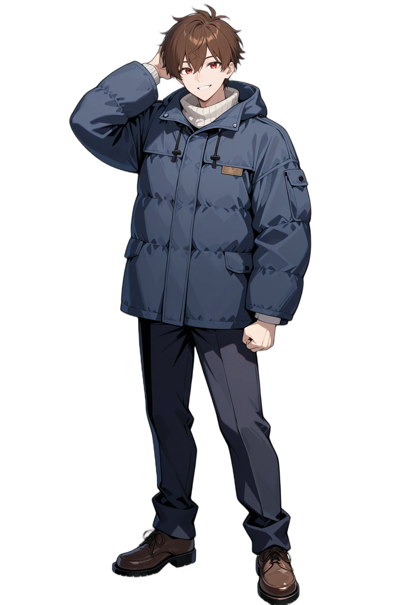 アニメイラスト-カジュアル-セーター-黒いズボン-ジャケット-男性-AI人物素材