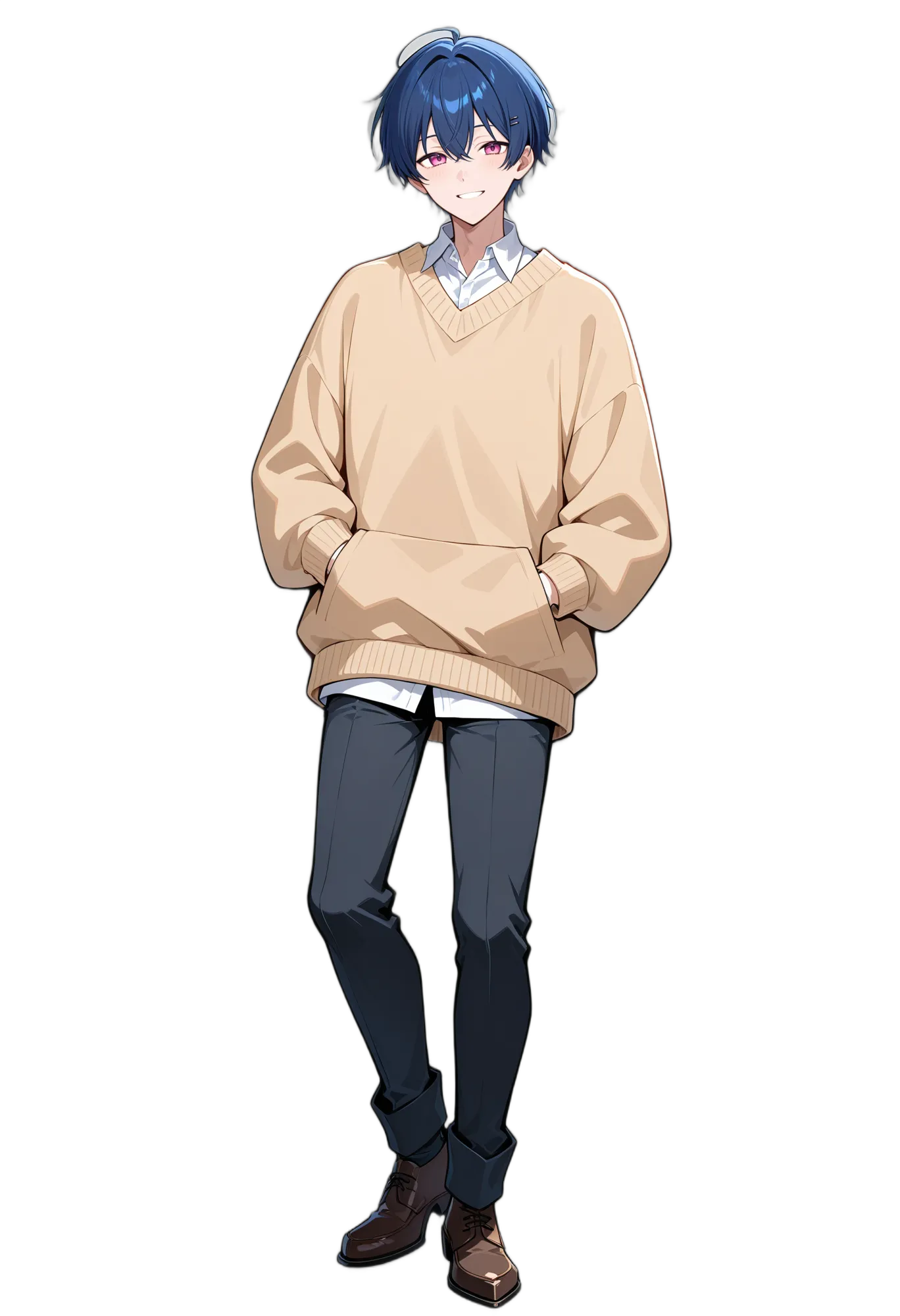 アニメイラスト-カジュアル-セーター-ズボン-笑顔-男性-AI人物素材