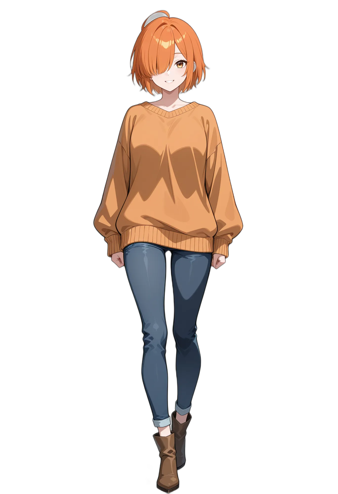 アニメイラスト-カジュアル-セーター-オレンジアイ-片目隠れ-女性-AI人物素材