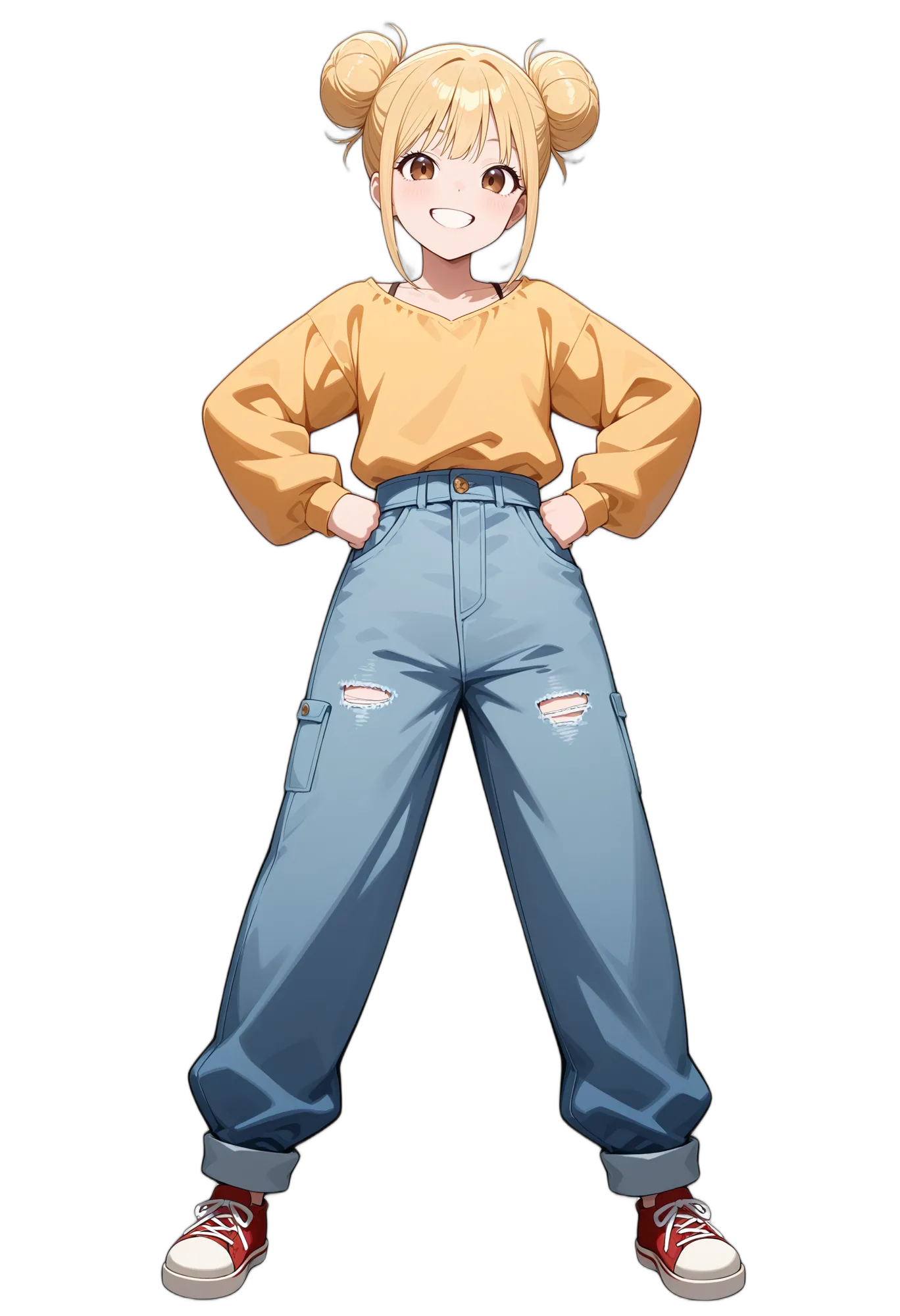 アニメイラスト-私服-セーター-ジーンズ-長袖-女性-AI人物素材