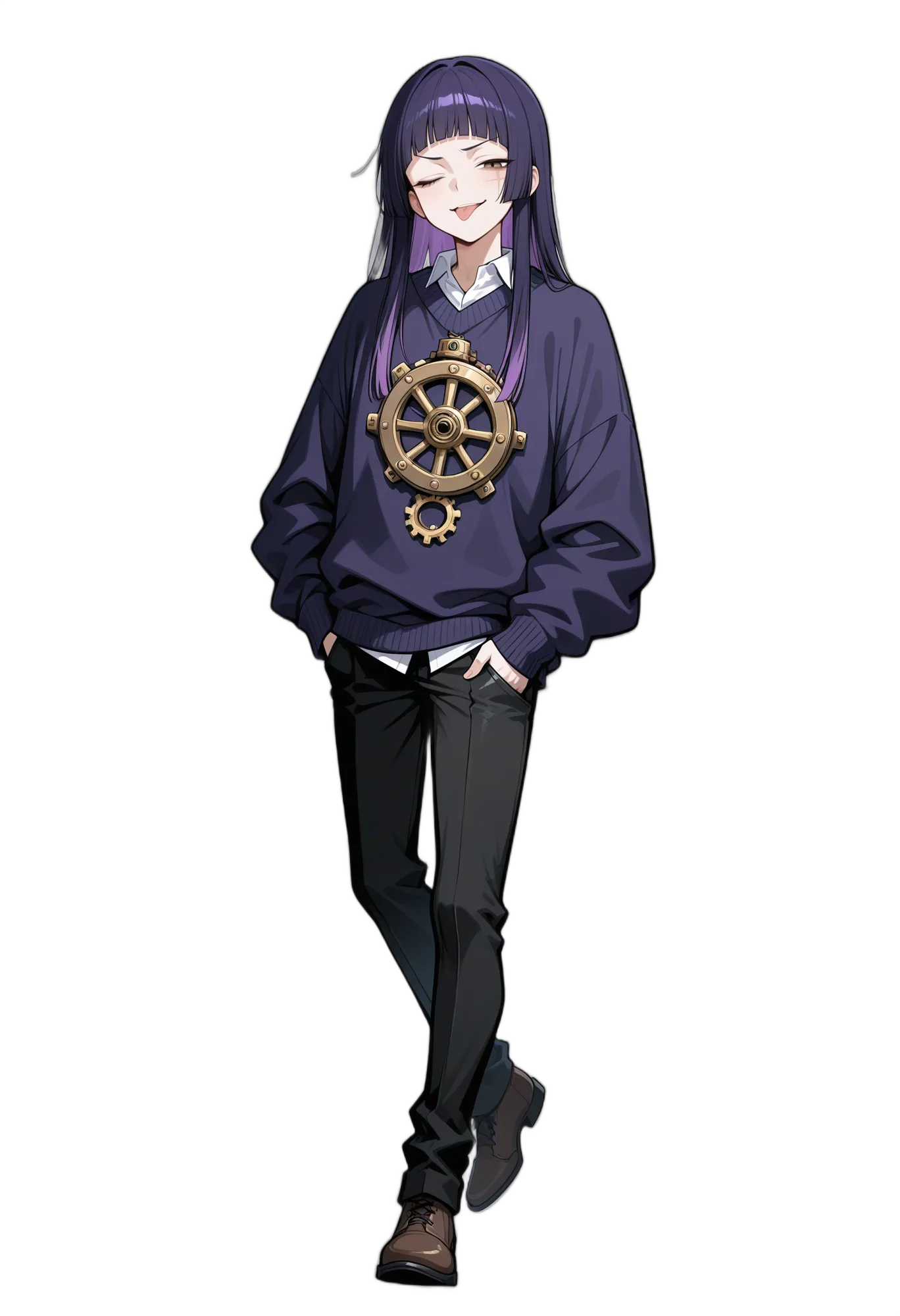 アニメイラスト-パンク-セーター-宝石-マルチカラーヘア-女性-AI立ち絵素材