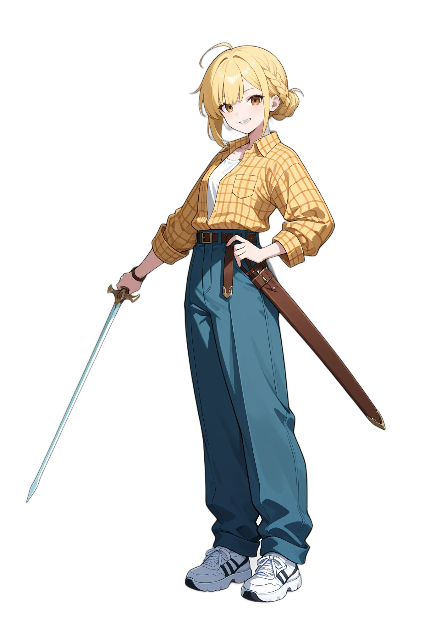 アニメイラスト-ファンタジー-武器-白い靴-金髪-女性-AI人物素材