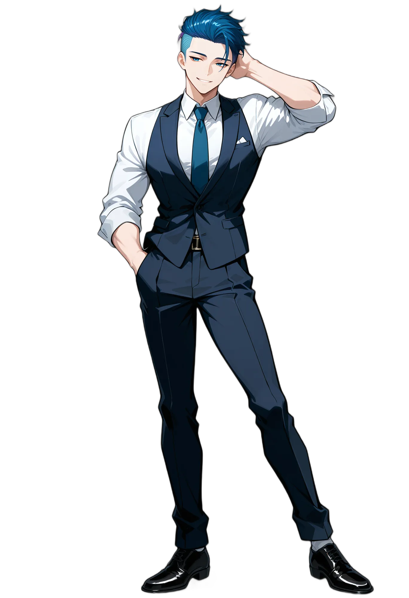 アニメイラスト-社会人-白シャツ-青髪-ショートヘア-男性-AI人物素材