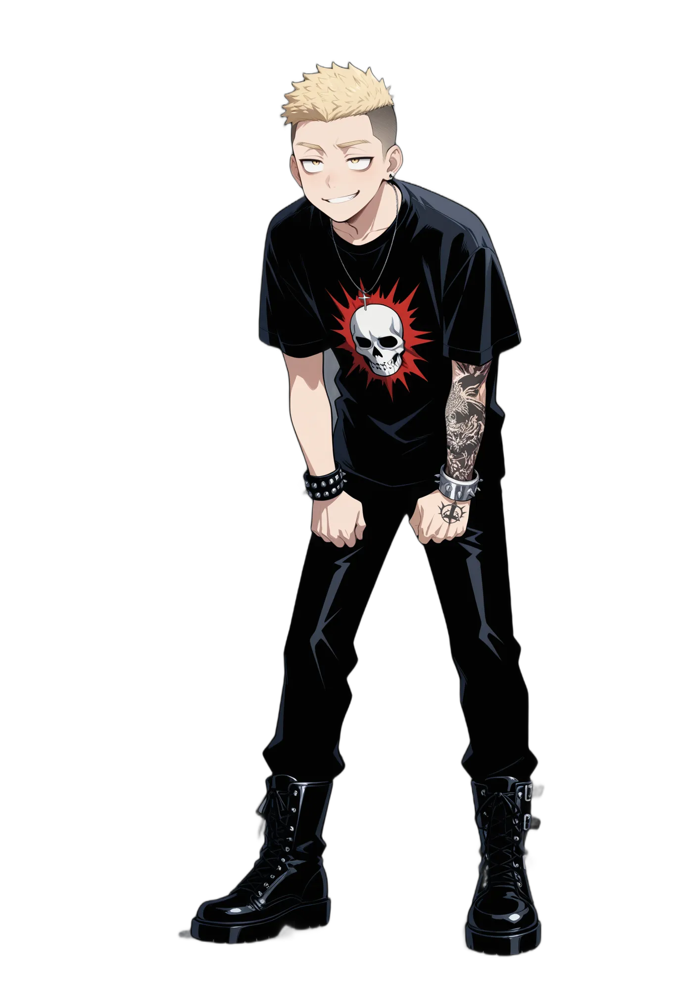 アニメイラスト-パンク-イエローアイ-黒いズボン-ズボン-男性-AI立ち絵素材